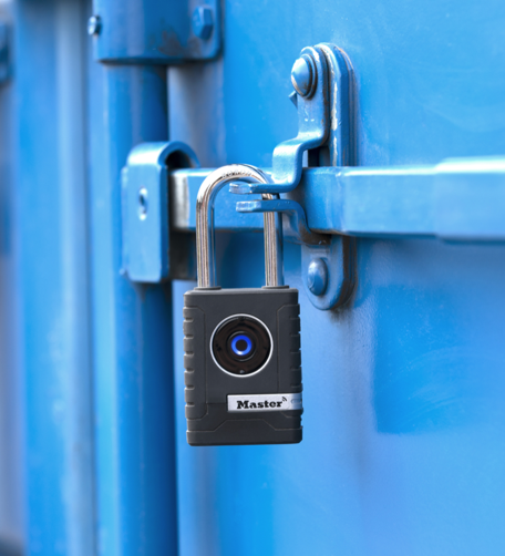 Master Lock bluetooth outdoor padlock on steel door.
