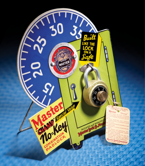 Master Lock first combination padlock showcased on front of locker.