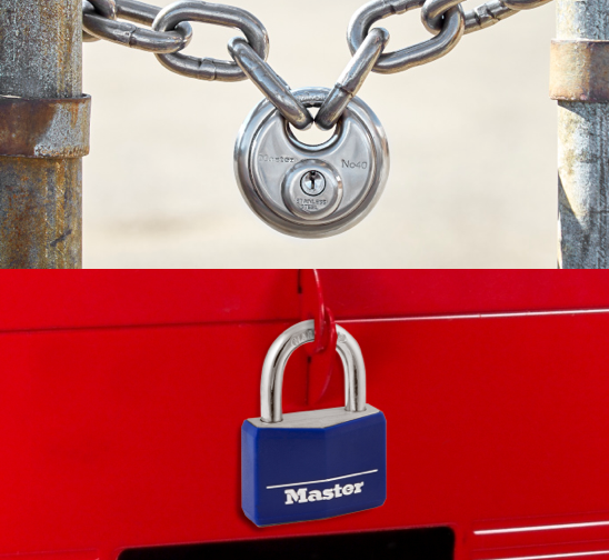 Master Lock blue padlock and key lock.