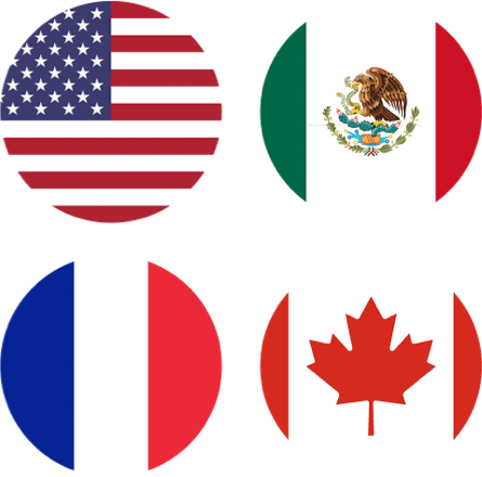 Flags of the United States, Mexico, France, and Canada representing Master Lock expanding its global sales.