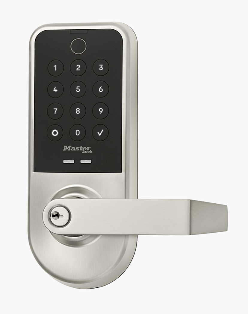 Product image of Master Lock keypad door lock with chrome finish on white background