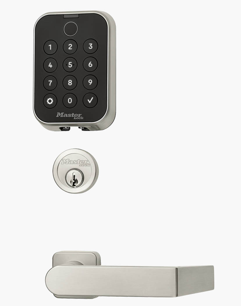 Individual components of keypad lock on white background (keypad, deadbolt and handle in chrome finish)