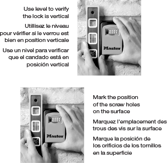 Diagram with photos of a level alongside a lockbox, instructing to use level to verify the lock is vertical and mark the position <a href=