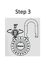Lock diagram labeled Step 3 indicating the reset tool being turned 90 degrees