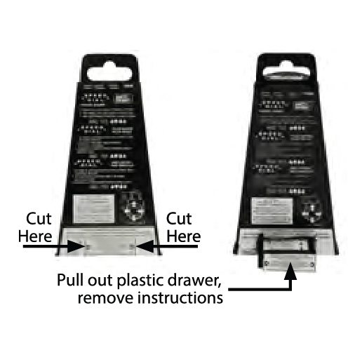 Diagram indicating Cut Here at the bottom of a package and then Pull out plastic drawer, remove instructions